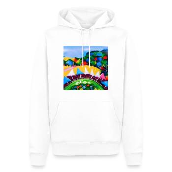 Kind mit dem Pastellrad in den Bergen während der SU - Männer Premium Bio Hoodie - Weiß - Vorne - Nico (187cm)