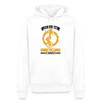 La vie est un jeu Le monocyclisme est sérieux Le monocycle - Sweat à capuche Premium bio Homme - blanc - Devant - Nico (187cm)