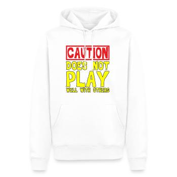 Caution, does not play well with others 32 - Men’s Premium Organic Hoodie - white - Front - Nico (187cm)