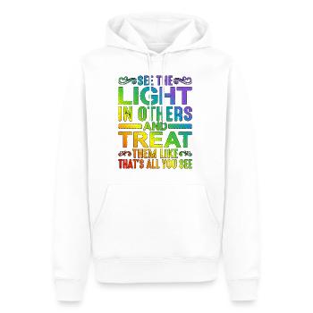 Voir la lumière dans les autres - Sweat à capuche Premium bio Homme - blanc - Devant - Nico (187cm)
