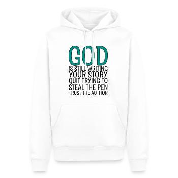 Dieu est toujours en train d’écrire votre histoire - Sweat à capuche Premium bio Homme - blanc - Devant - Nico (187cm)