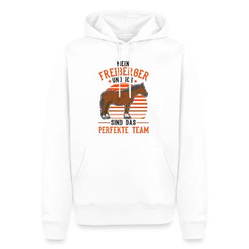 Freiberger Pferd und ich Sind das perfekte Team - Männer Premium Bio Hoodie - Weiß - Vorne - Nico (187cm)