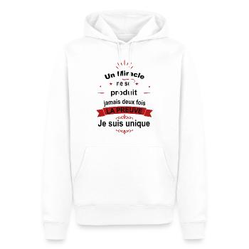 Citation Drôle • Je suis Unique • Miracle Cadeaux - Sweat à capuche Premium bio Homme - blanc - Devant - Nico (187cm)