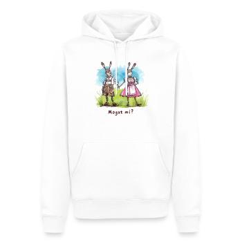 Mogst mi? Bayrische Hasen in Dirndl & Lederhose - Männer Premium Bio Hoodie - Weiß - Vorne - Nico (187cm)