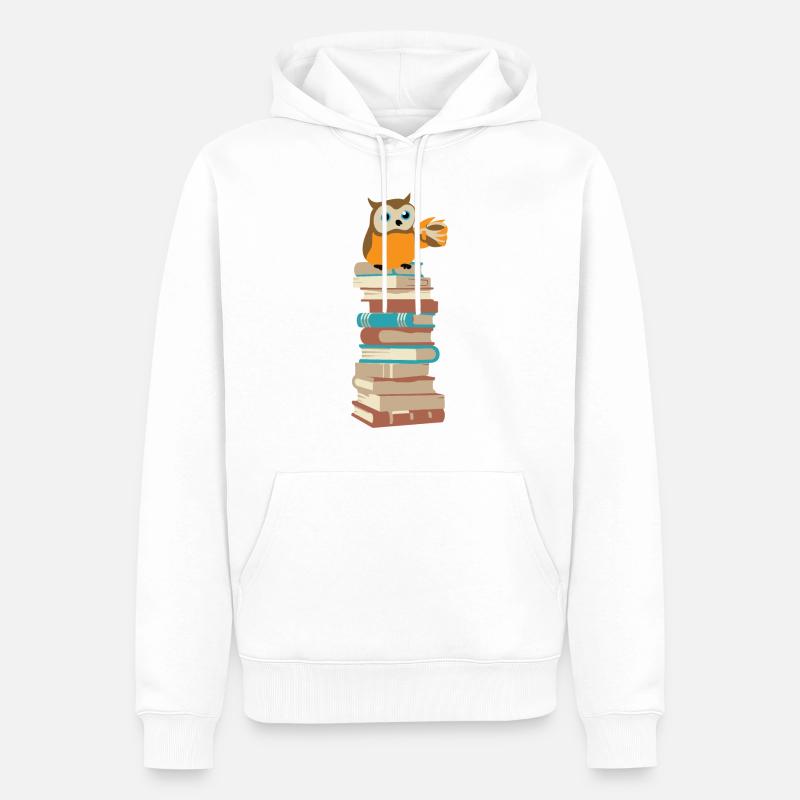 Eule mit Kaffee auf Bücher - Männer Premium Bio Hoodie - Weiß