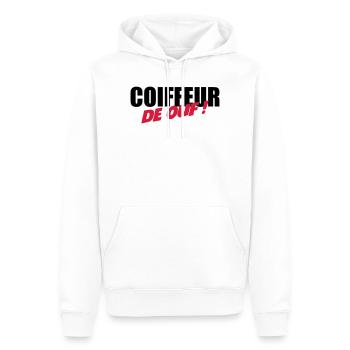 Coiffure / Coiffeur / Coiffeuse / Mode / Cheveux - Sweat à capuche Premium bio Homme - blanc - Devant - Nico (187cm)