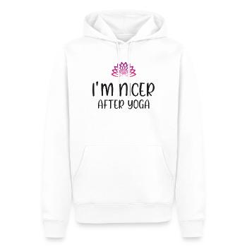 Je suis plus gentil après le yoga - Sweat à capuche Premium bio Homme - blanc - Devant - Nico (187cm)