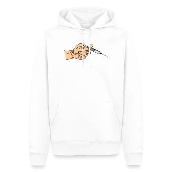 Spritze mit herauskommendem Tropf in der Hand - Männer Premium Bio Hoodie - Weiß - Vorne - Nico (187cm)