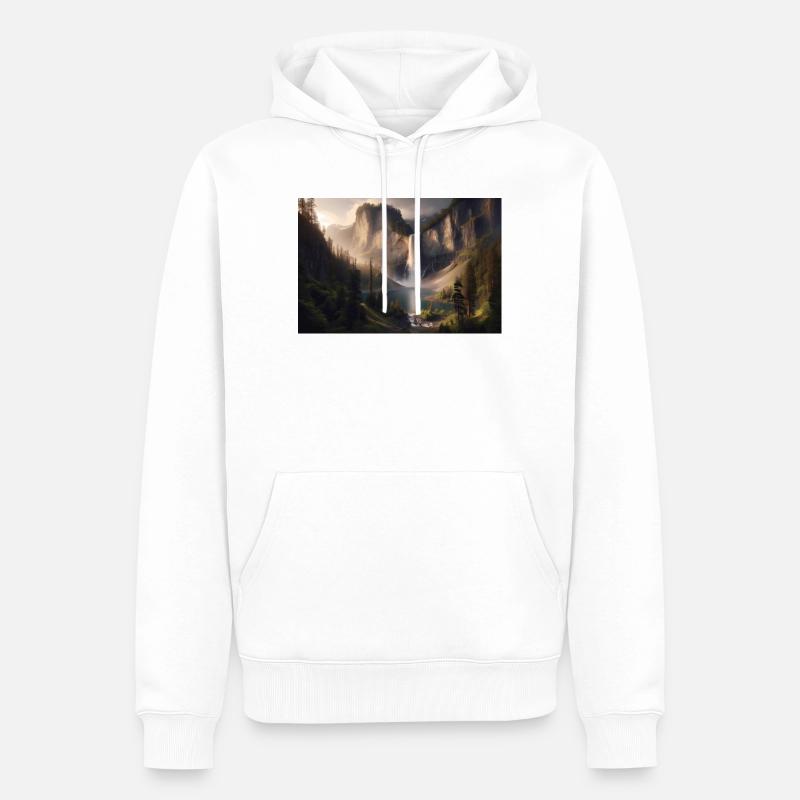 Poster Ölgemälde Berglandschaft mit Wasserfall - Männer Premium Bio Hoodie - Weiß