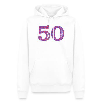 50. 50 ANS. 50e ANNIVERSAIRE. ANNIVERSAIRE 50 ANS. - Sweat à capuche Premium bio Homme - blanc - Devant - Nico (187cm)