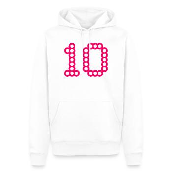 10. 10 JAHRE. 10-JÄHRIGES JUBILÄUM. 10-JÄHRIGES JUBILÄUM. - Männer Premium Bio Hoodie - Weiß - Vorne - Nico (187cm)