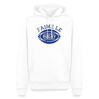 tee shirt rugby, j'aime le rugby humour cadeau - Sweat à capuche Premium bio Homme - blanc - Devant - Nico (187cm)