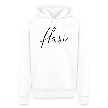 Hasi / Conception de l’écriture manuscrite - Sweat à capuche Premium bio Homme - blanc - Devant - Nico (187cm)