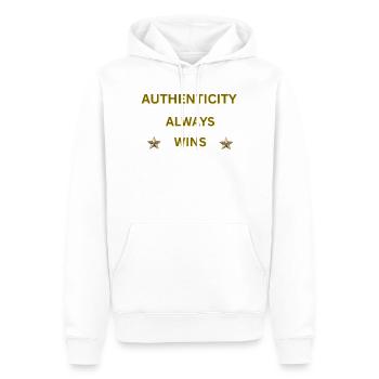 L’AUTHENTICITÉ GAGNE TOUJOURS – Citation motivationnelle en or - Sweat à capuche Premium bio Homme - blanc - Devant - Nico (187cm)