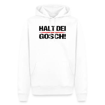Halt dei Gosch ! Dicton souabe - Sweat à capuche Premium bio Homme - blanc - Devant - Nico (187cm)