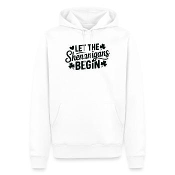 Shenanigans Begin Shamrock Script - Men’s Premium Organic Hoodie - white - Front - Nico (187cm)
