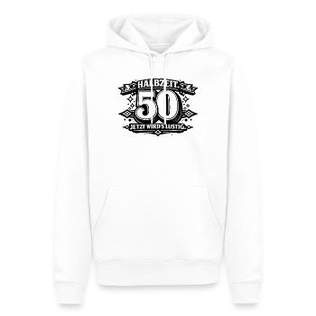 Halbzeit 50 – Jetzt wird's lustig - Männer Premium Bio Hoodie - Weiß - Vorne - Nico (187cm)