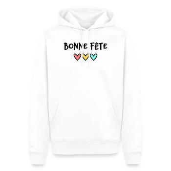 BONNE FÊTE. FÊTE DES MÈRES. FÊTE DES PÈRES. FÊTE - Sweat à capuche Premium bio Homme - blanc - Devant - Nico (187cm)