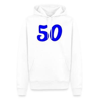50. 50 ANS. 50e ANNIVERSAIRE. ANNIVERSAIRE 50 ANS. - Sweat à capuche Premium bio Homme - blanc - Devant - Nico (187cm)
