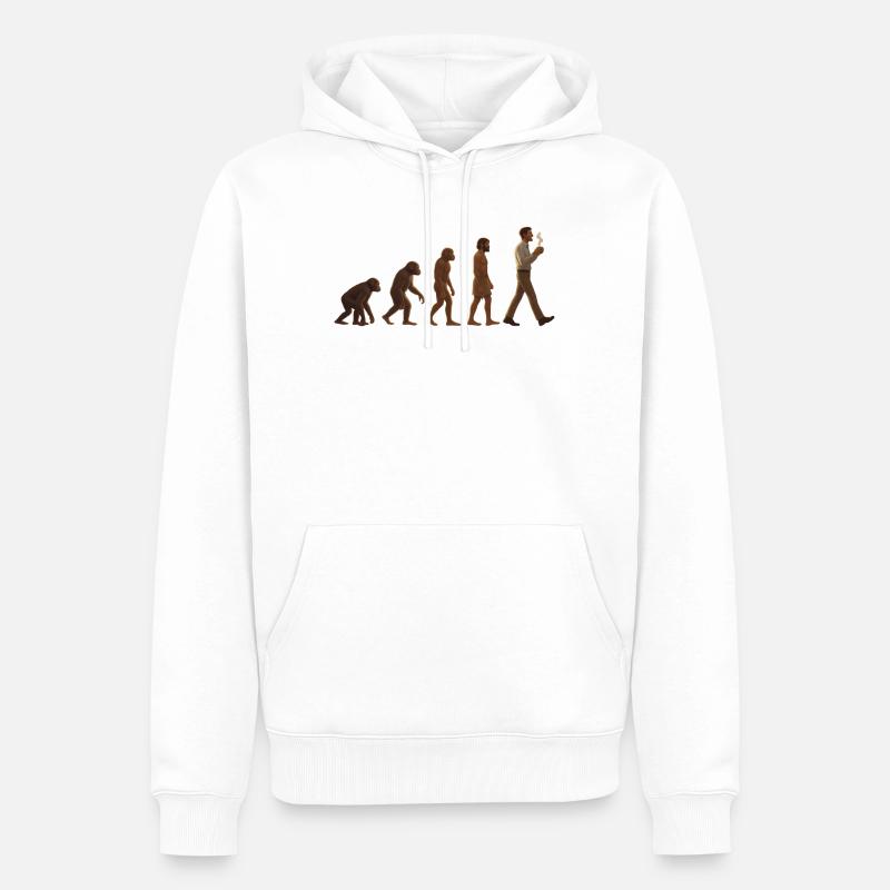 Evolutionsreise: Von Affe zu kaffeetrinkenden Mann - Männer Premium Bio Hoodie - Weiß