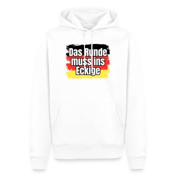 Das Runde muss ins Eckige - Spruch - Männer Premium Bio Hoodie - Weiß - Vorne - Nico (187cm)