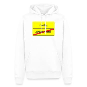 Warnschild Humor: Junger Hüpfler - Männer Premium Bio Hoodie - Weiß - Vorne - Nico (187cm)