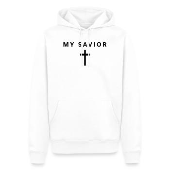 Mon Sauveur : Foi minimaliste Jésus Cooler - Sweat à capuche Premium bio Homme - blanc - Devant - Nico (187cm)