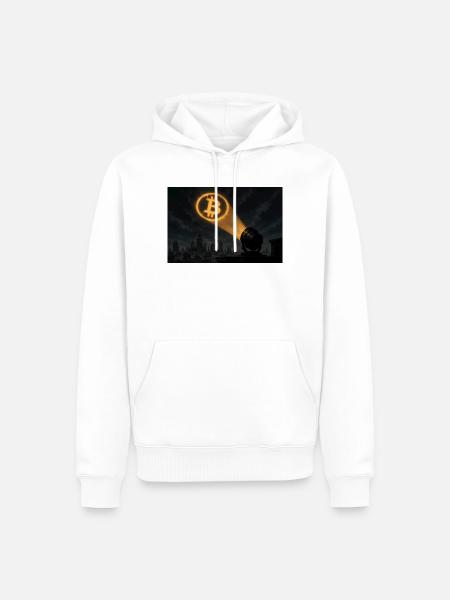 Bitcoin Scheinwerfer über der Stadt - Männer Premium Bio Hoodie - Weiß