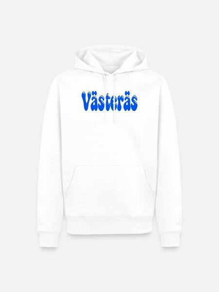 Västerås in blauen Buchstaben - Männer Premium Bio Hoodie - Weiß