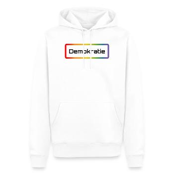 Regenbogen T-Shirt mit Schriftzug Demokratie - Männer Premium Bio Hoodie - Weiß - Vorne - Nico (187cm)
