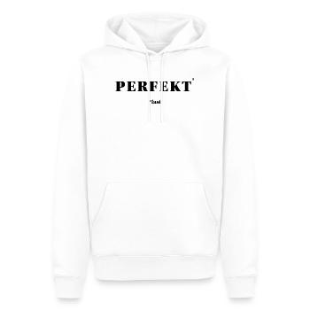 PARFAIT – PRESQUE | Déclaration minimale ironique - Sweat à capuche Premium bio Homme - blanc - Devant - Nico (187cm)