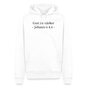 Johannes 4,4 Bibelvers: Gott ist stärker Motiv - Männer Premium Bio Hoodie - Weiß - Vorne - Nico (187cm)