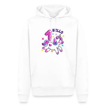 Hello One Unicorn, Premier anniversaire, Licorne magique - Sweat à capuche Premium bio Homme - blanc - Devant - Nico (187cm)