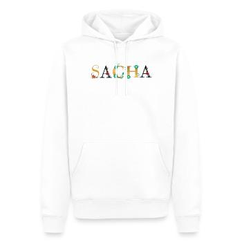 Nom SACHA Orné de Fleurs - Sweat à capuche Premium bio Homme - blanc - Devant - Nico (187cm)