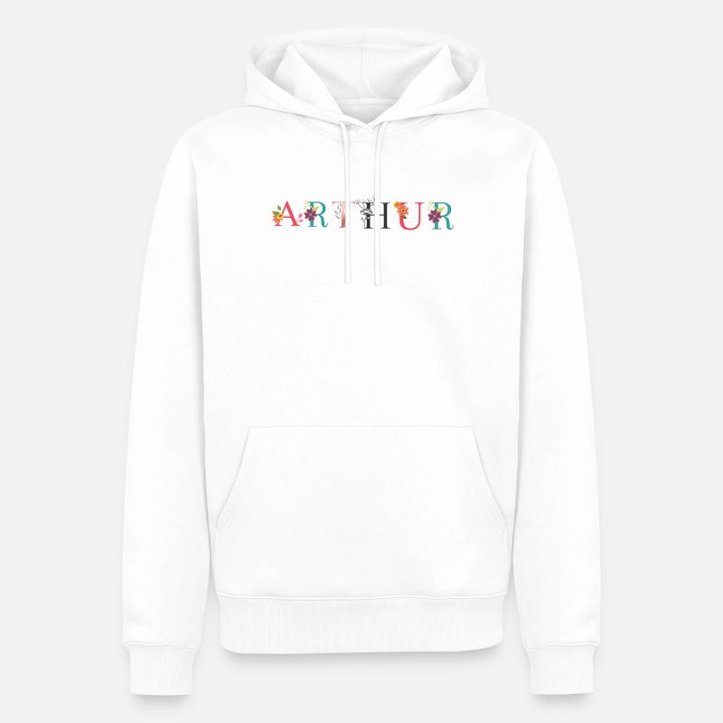 Art du nom ARTHUR avec fleurs brodées - Sweat à capuche Premium bio Homme - blanc