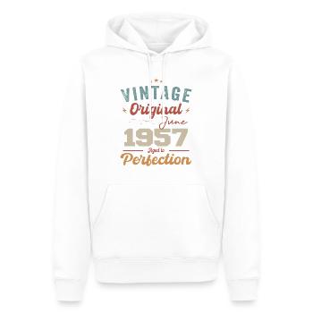 Juin 1957 Vieilli à la perfection Juin 1957 millésime - Sweat à capuche Premium bio Homme - blanc - Devant - Nico (187cm)