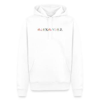 ALEXANDER Nom Art avec fleurs brodées - Sweat à capuche Premium bio Homme - blanc - Devant - Nico (187cm)