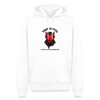 THE DEVIL - VICTIM OF BAD MARKETING - Männer Premium Bio Hoodie - Weiß - Vorne - Nico (187cm)