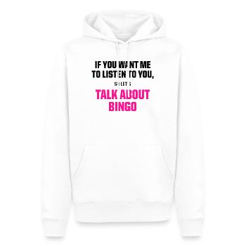 Parlez-nous d’une citation amusante de jeu de bingo - Sweat à capuche Premium bio Homme - blanc - Devant - Nico (187cm)