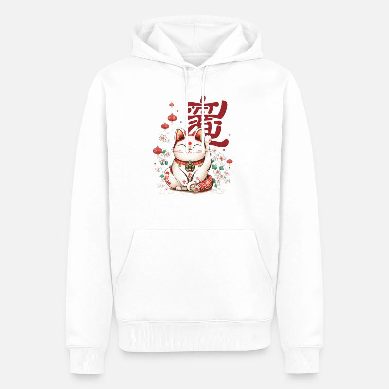 Chat traditionnel Maneki-Neko Lucky Charm - Sweat à capuche Premium bio Homme - blanc