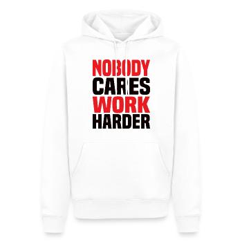 Nobody Cares Work Harder - Men’s Premium Organic Hoodie - white - Front - Nico (187cm)