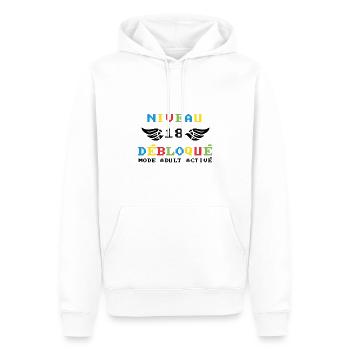Niveau 18 Débloqué mode adult activé - Sweat à capuche Premium bio Homme - blanc - Devant - Nico (187cm)
