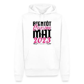 Annonce grossesse. bientôt Cousine Mai 2023. - Sweat à capuche Premium bio Homme - blanc - Devant - Nico (187cm)