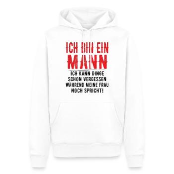 Ich bin ein Mann - Ich kann Dinge schon vergessen - Männer Premium Bio Hoodie - Weiß - Vorne - Nico (187cm)