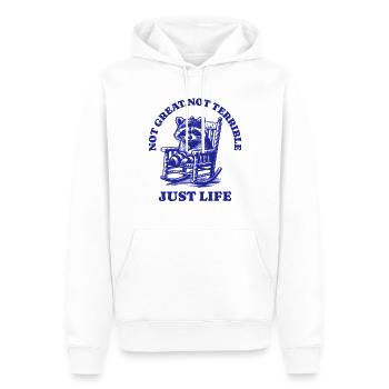 Lustiger Waschbär Spruch – Just Life - Männer Premium Bio Hoodie - Weiß - Vorne - Nico (187cm)