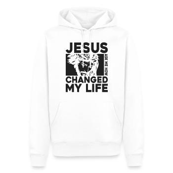 Jesus Changed My Life Ask Me How - Men’s Premium Organic Hoodie - white - Front - Nico (187cm)