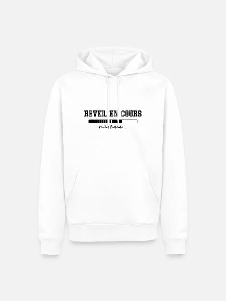 Réveil en cours. Cadeau Dormeur Humour - Sweat à capuche Premium bio Homme - blanc