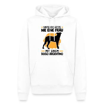 Unterschätze nie eine Frau mit Dogo Argentino - Männer Premium Bio Hoodie - Weiß - Vorne - Nico (187cm)