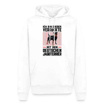 Ich bin der Verrückte mit dem Jagdterrier - Männer Premium Bio Hoodie - Weiß - Vorne - Nico (187cm)