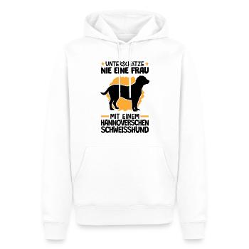 Mann mit einem Hannoverscher Schweißhund - Männer Premium Bio Hoodie - Weiß - Vorne - Nico (187cm)